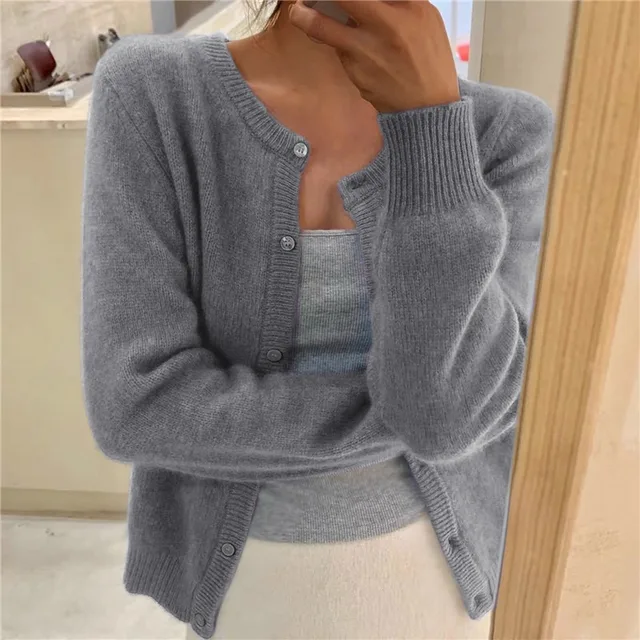 Women's Soft Knit Cardigan UK – Button Front Round Neckline | The Thea | Huna