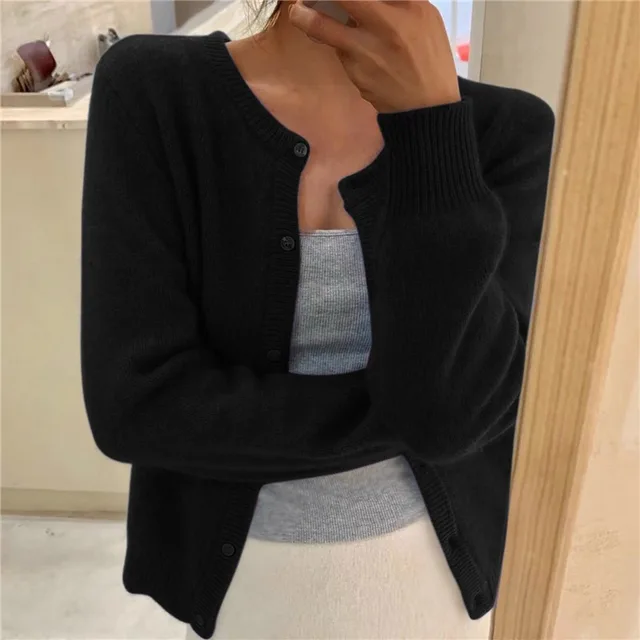 Women's Soft Knit Cardigan UK – Button Front Round Neckline | The Thea | Huna