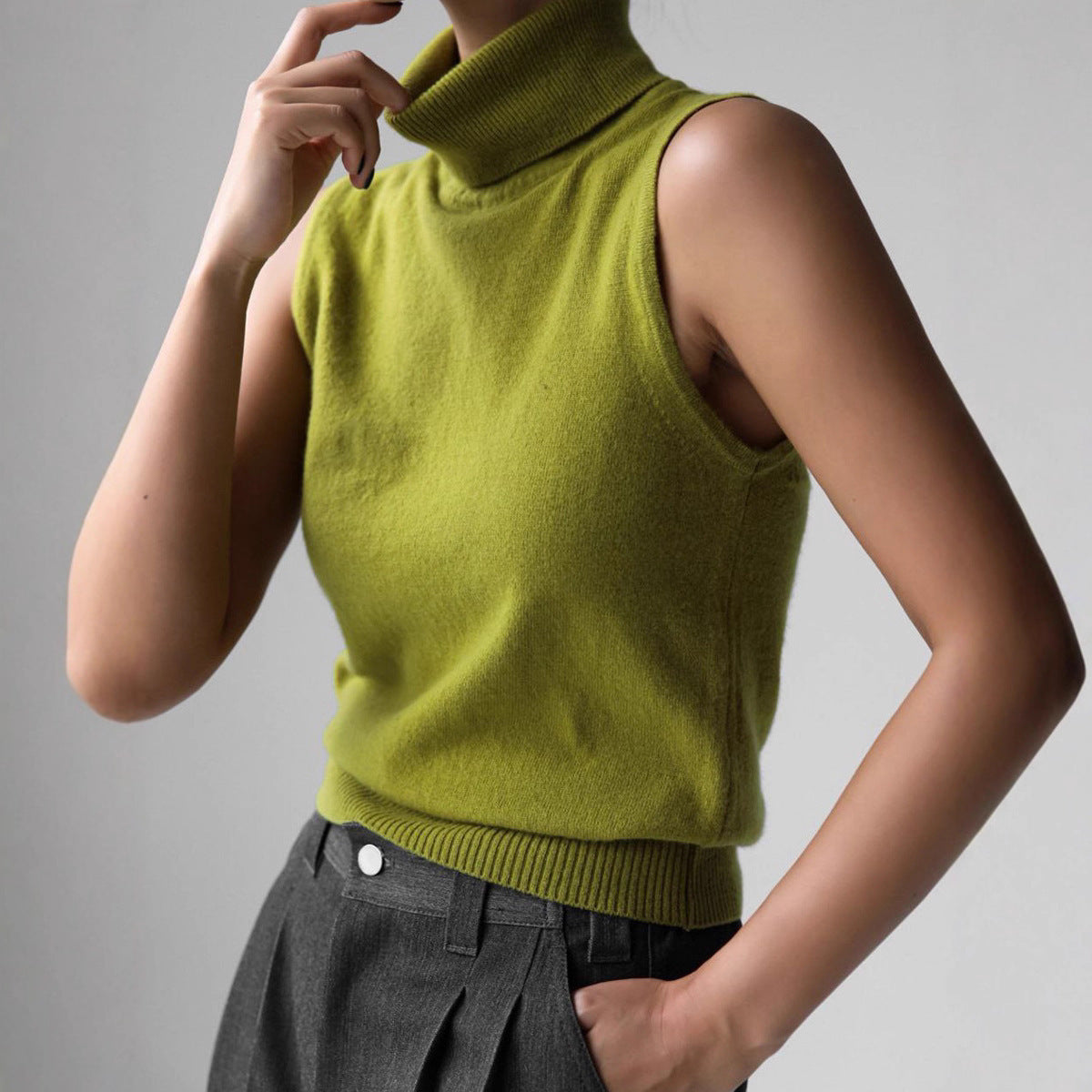 Women's Turtleneck Sleeveless Top UK – Soft Knit Ribbed Hem | The Anouska | Huna