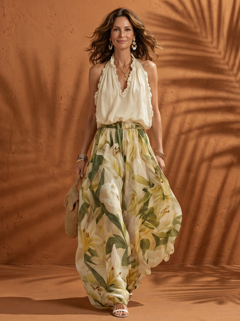 Women's Two Piece Set – Halter Floral Wide Leg Co-ord | The Solange | Huna