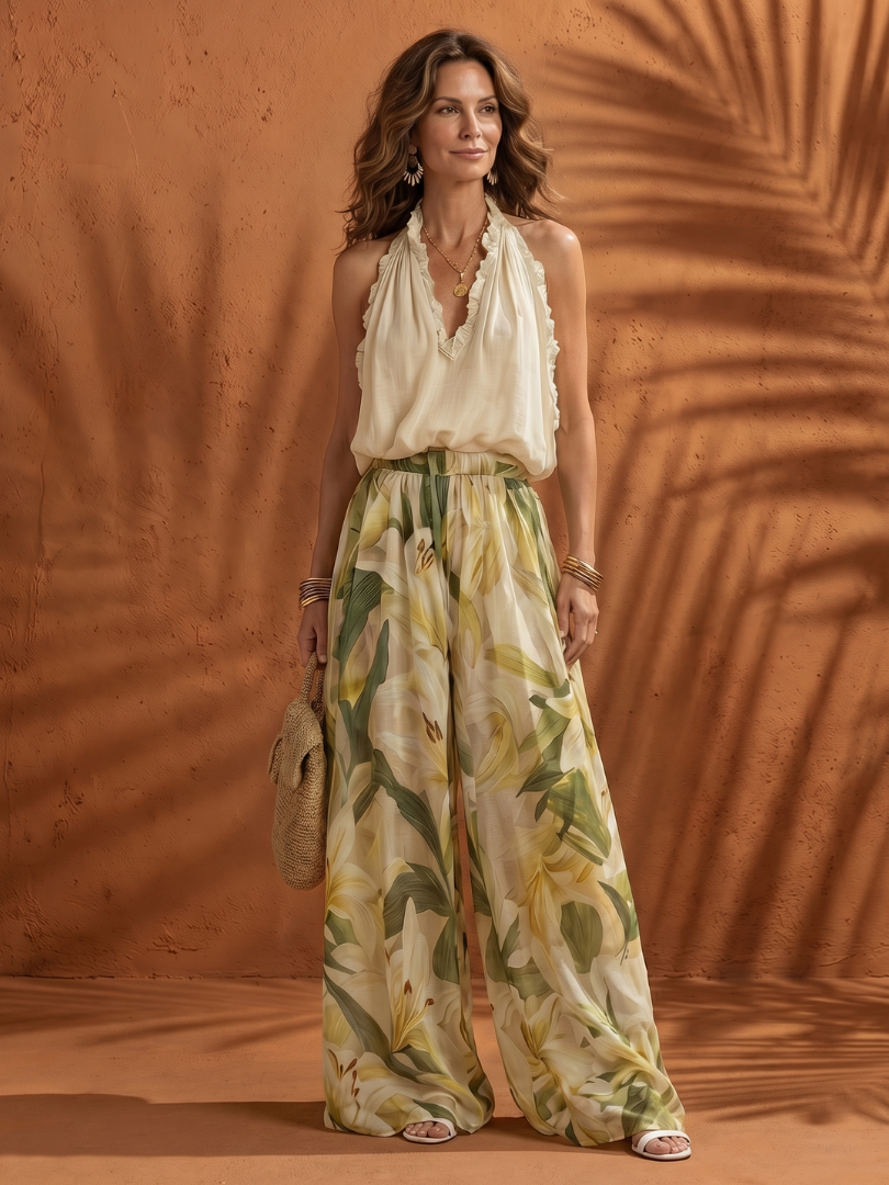 Women's Two Piece Set – Halter Floral Wide Leg Co-ord | The Solange | Huna