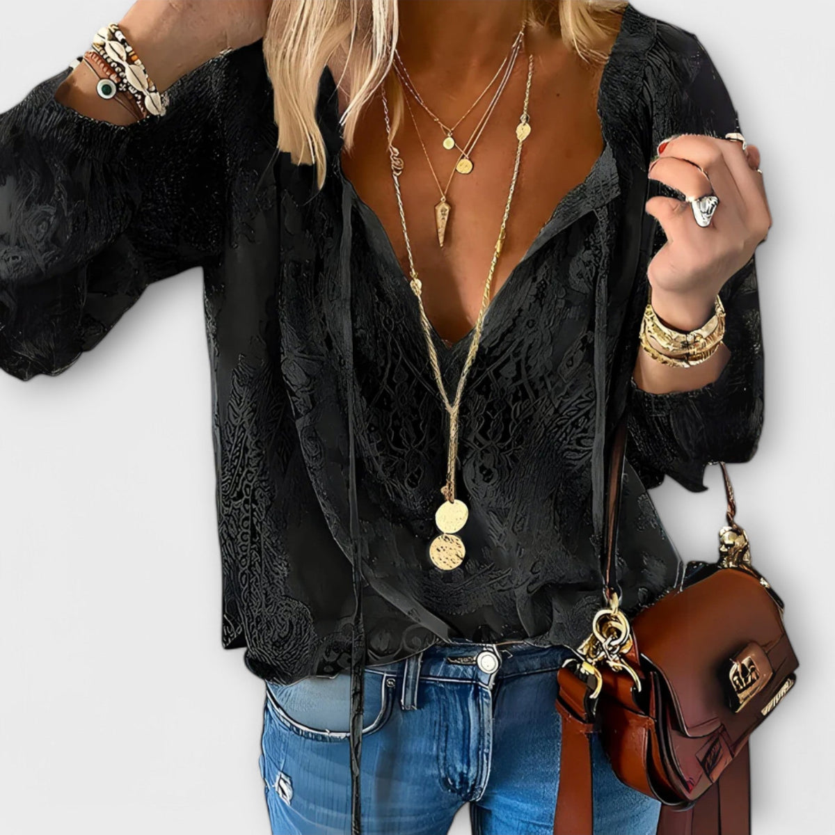 Women's Long Sleeve Lace Blouse – v-neck occasion top – product view 2