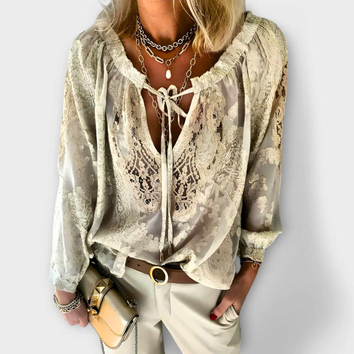 Women's Long Sleeve Lace Blouse – v-neck occasion top – product view 3