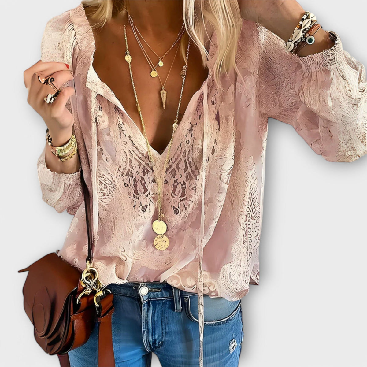 Women's Long Sleeve Lace Blouse – v-neck occasion top – product view 4