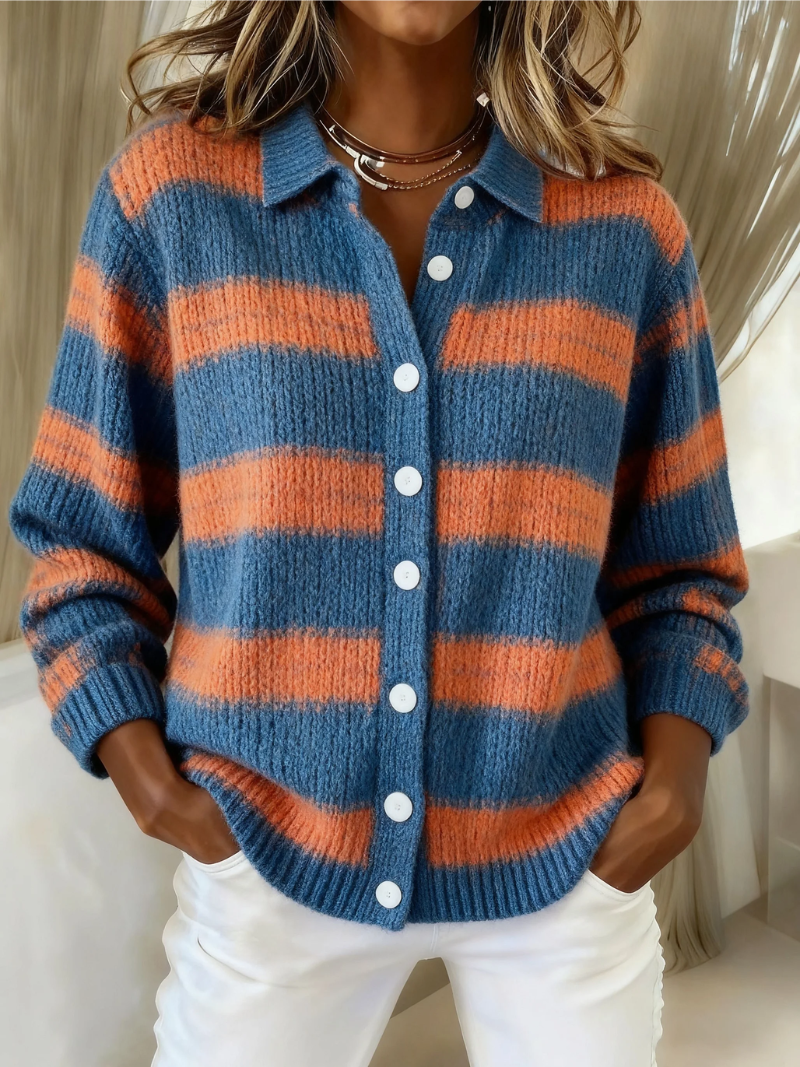Women's Striped Knitted Cardigan UK – Plaid Long Sleeve | The Ottoline | Huna