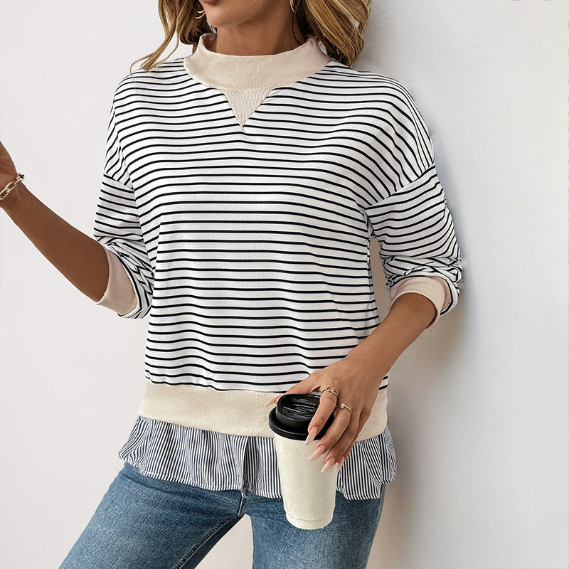 Women's Striped Sweatshirt UK – Mock Neck Ruffle Hem | The Odessa | Huna