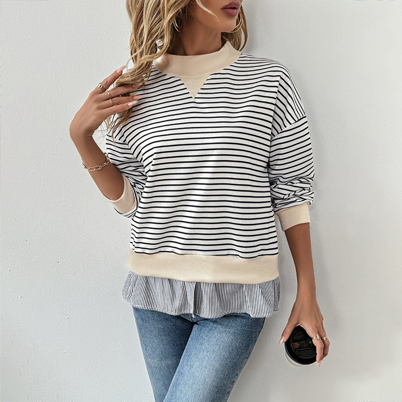 Women's Striped Sweatshirt UK – Mock Neck Ruffle Hem | The Odessa | Huna