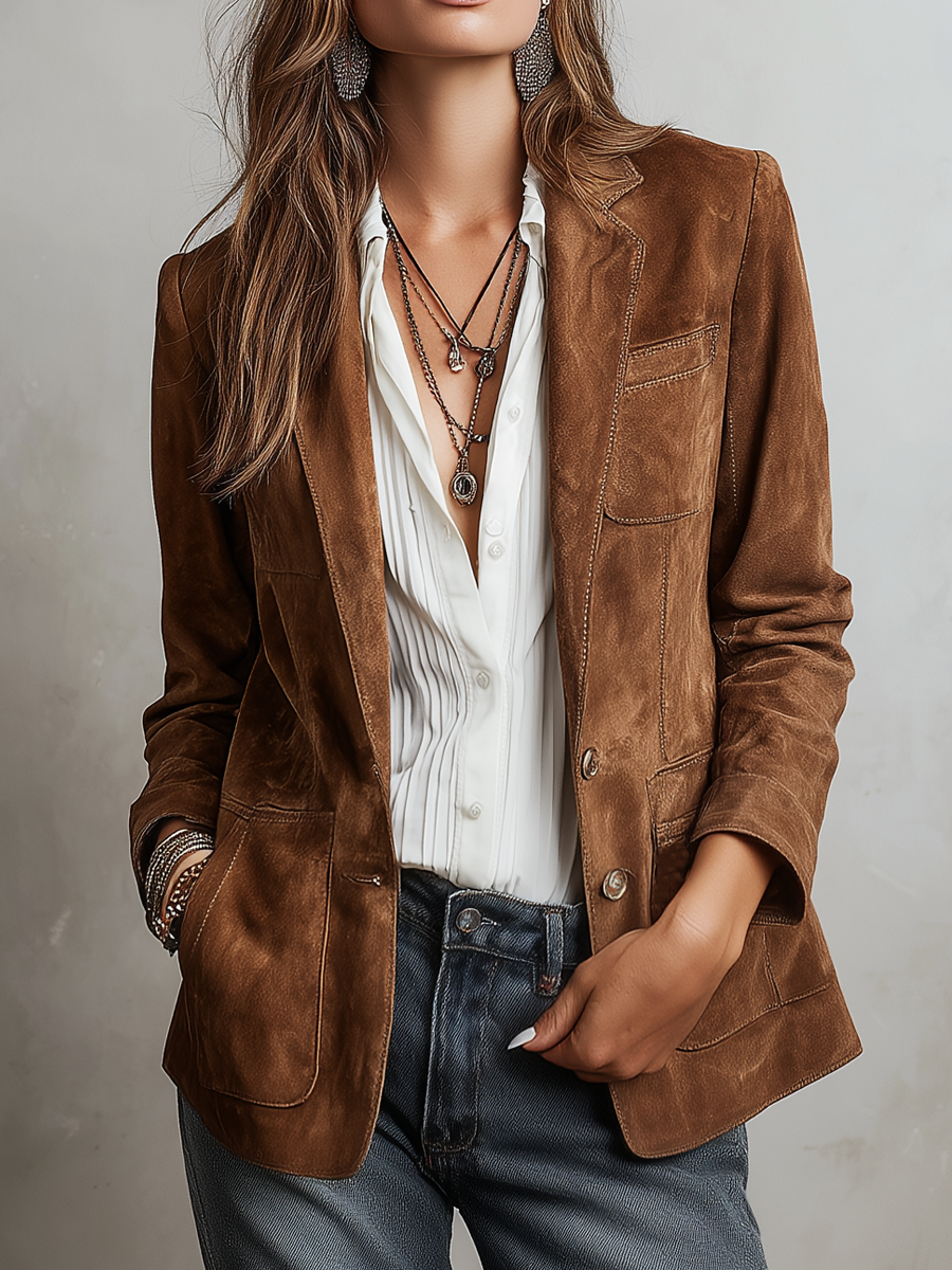 Women's Suede Jacket UK – Retro Contrast Stitch | The Marlow | Huna