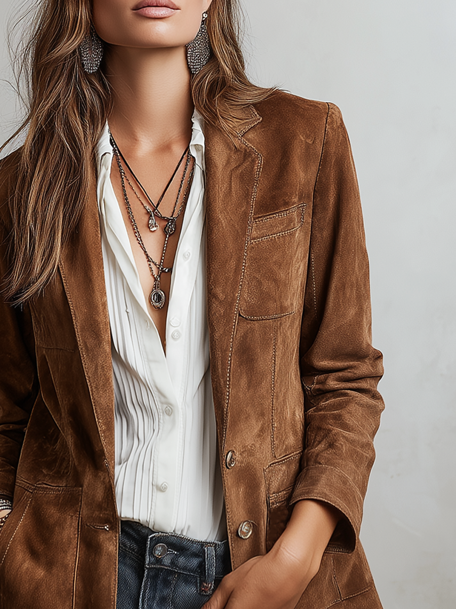 Women's Suede Jacket UK – Retro Contrast Stitch | The Marlow | Huna