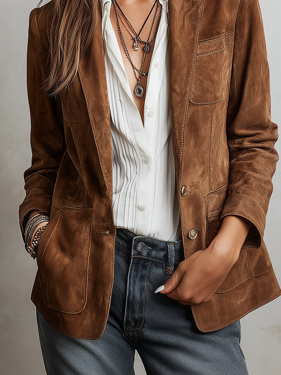 Women's Suede Jacket UK – Retro Contrast Stitch | The Marlow | Huna