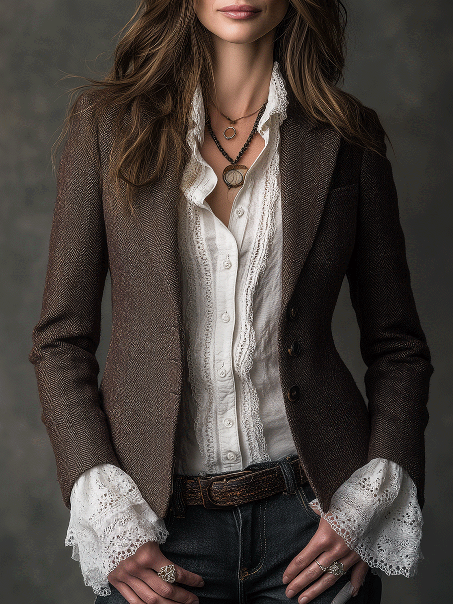 Women's Tweed Blazer UK – Vintage Brown Notched Lapel | The Harriet | Huna