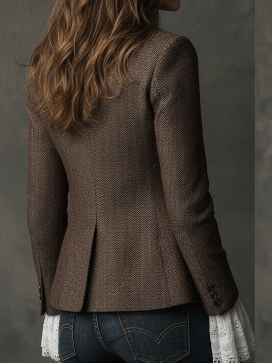 Women's Tweed Blazer UK – Vintage Brown Notched Lapel | The Harriet | Huna