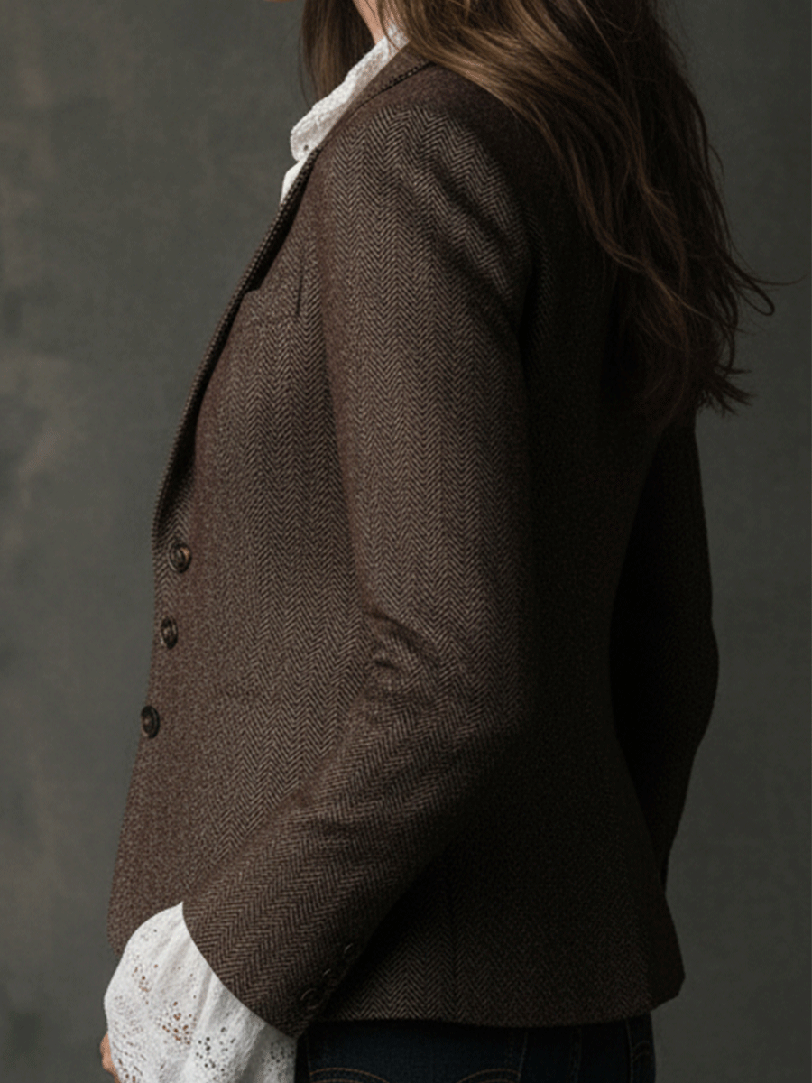 Women's Tweed Blazer UK – Vintage Brown Notched Lapel | The Harriet | Huna