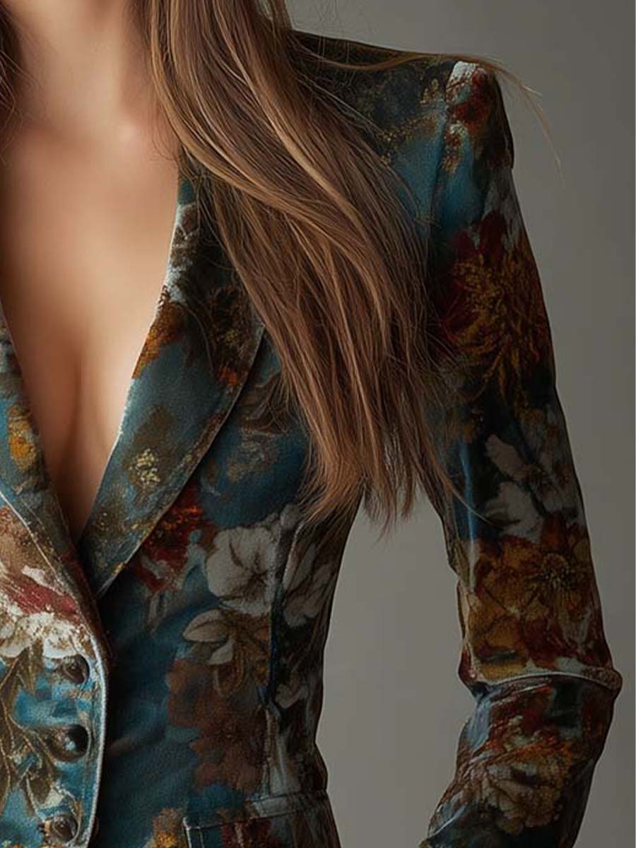 Women's Velvet Blazer UK – Teal Floral Tailored | The Genevieve | Huna