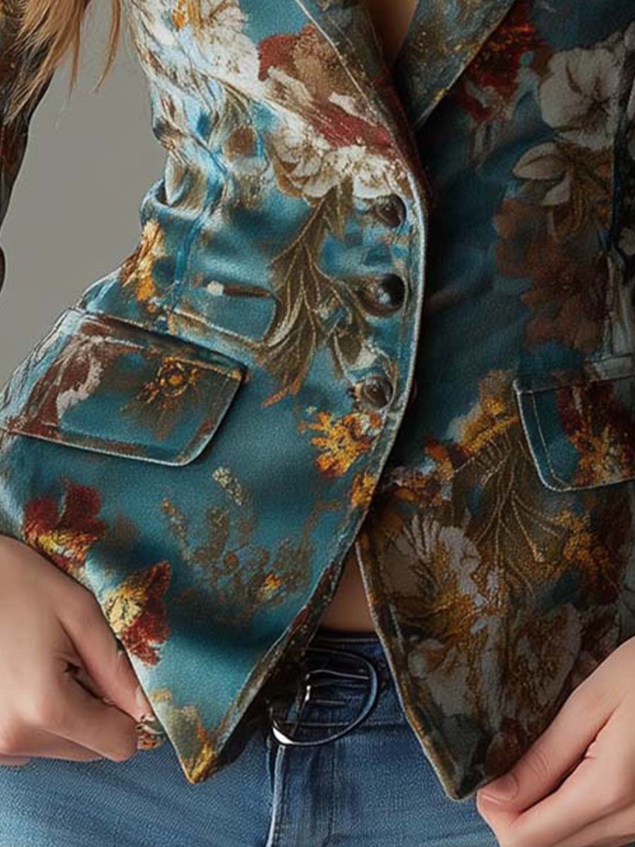 Women's Velvet Blazer UK – Teal Floral Tailored | The Genevieve | Huna