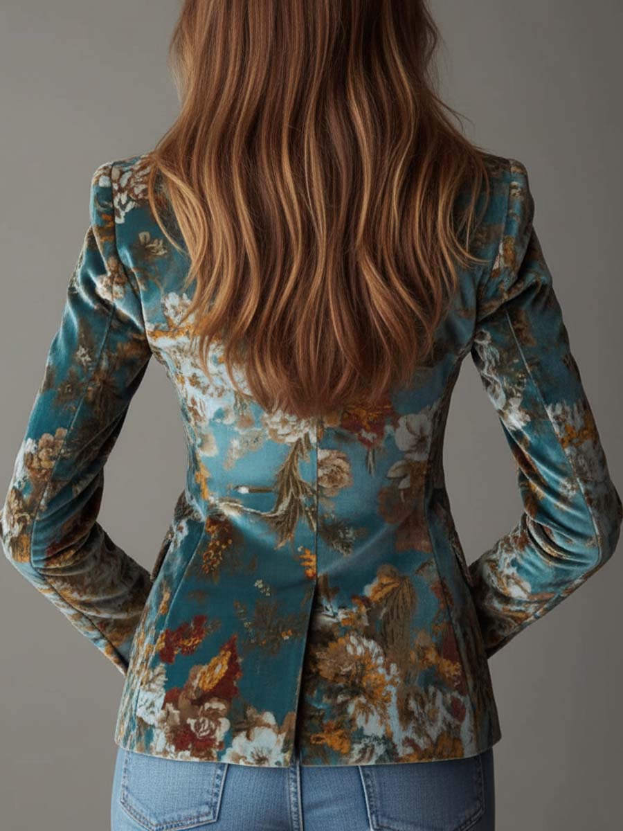 Women's Velvet Blazer UK – Teal Floral Tailored | The Genevieve | Huna