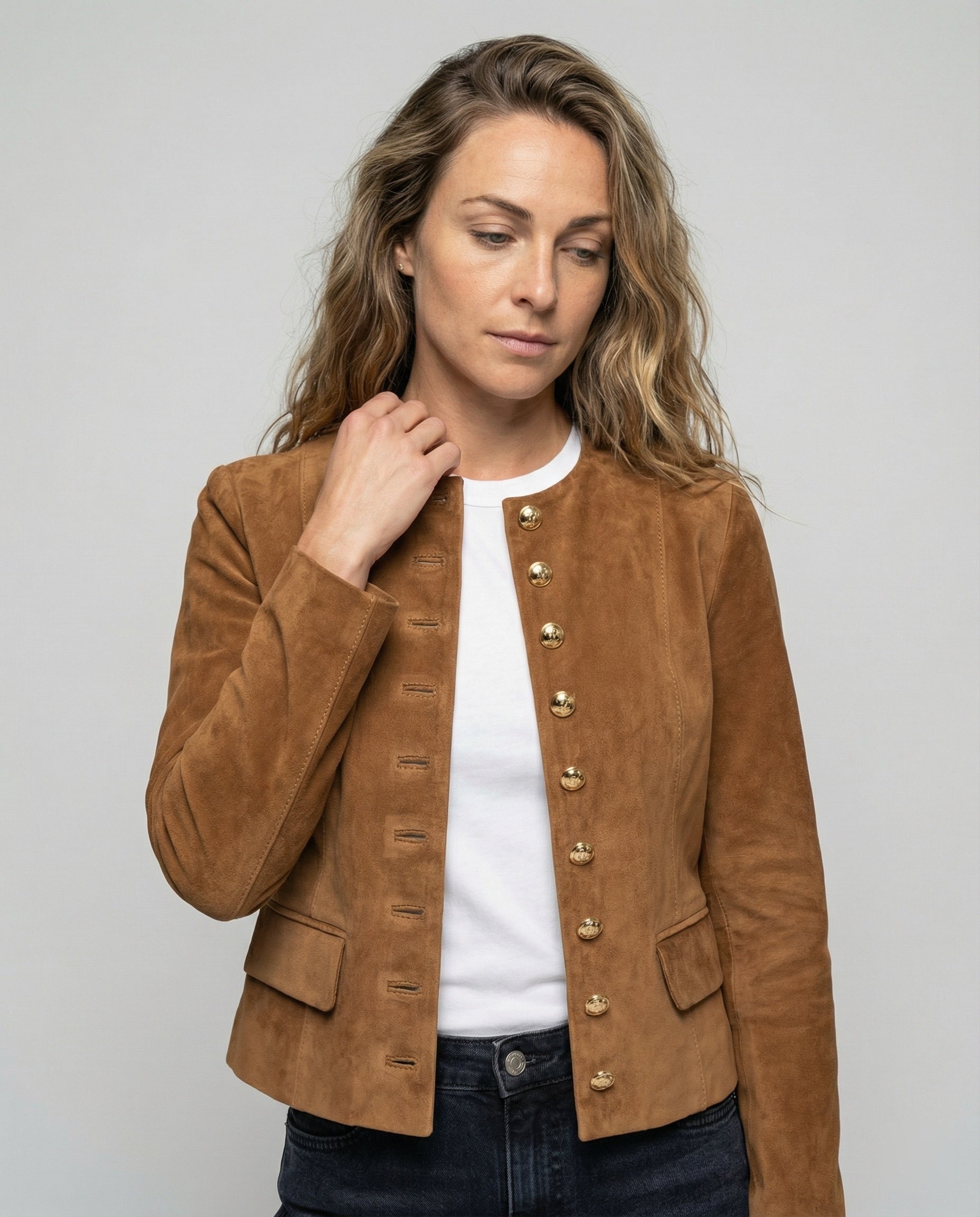 Women's Tan Suede Jacket UK – Gold Buttons Collarless | The Marchesa | Huna