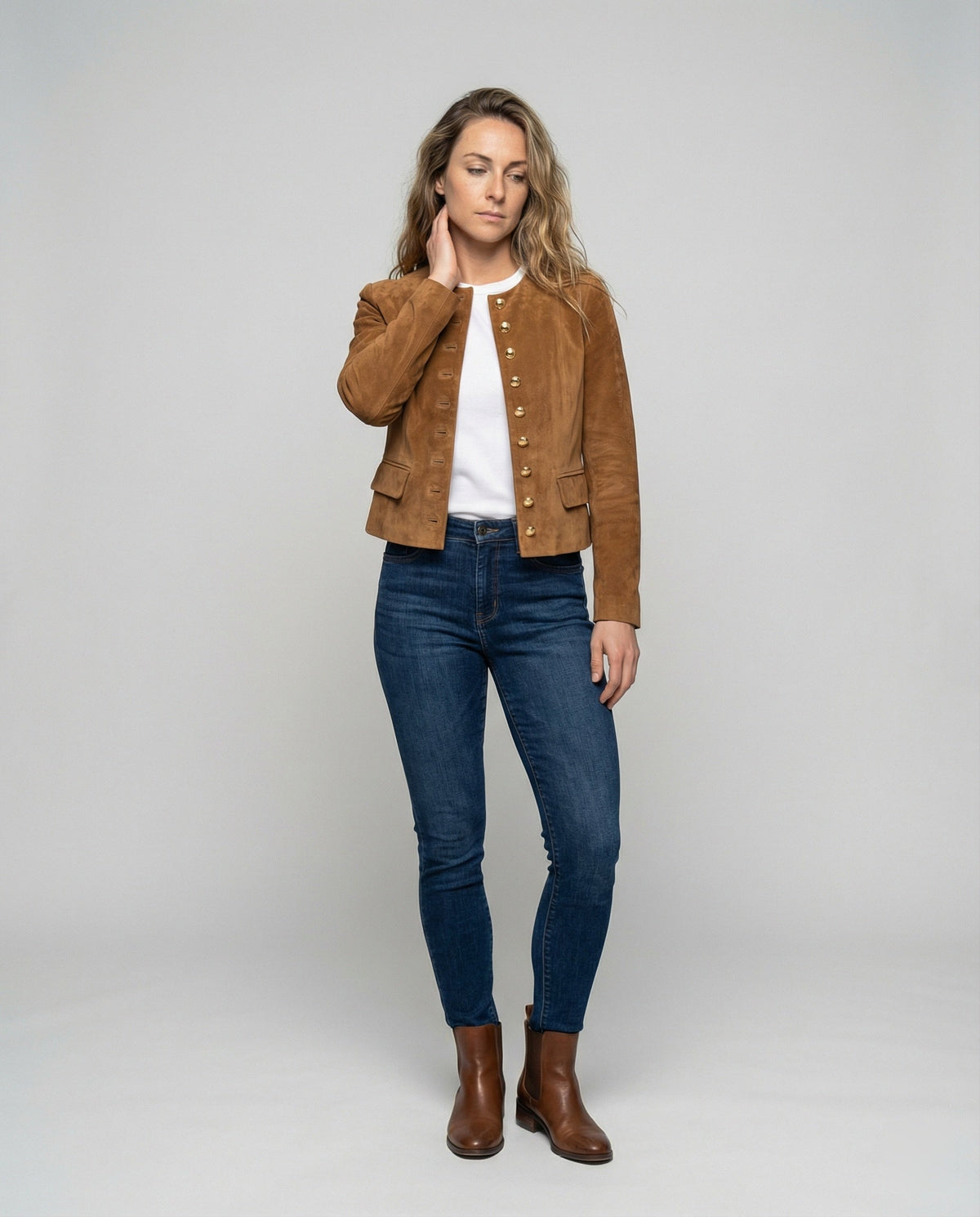Women's Tan Suede Jacket UK – Gold Buttons Collarless | The Marchesa | Huna