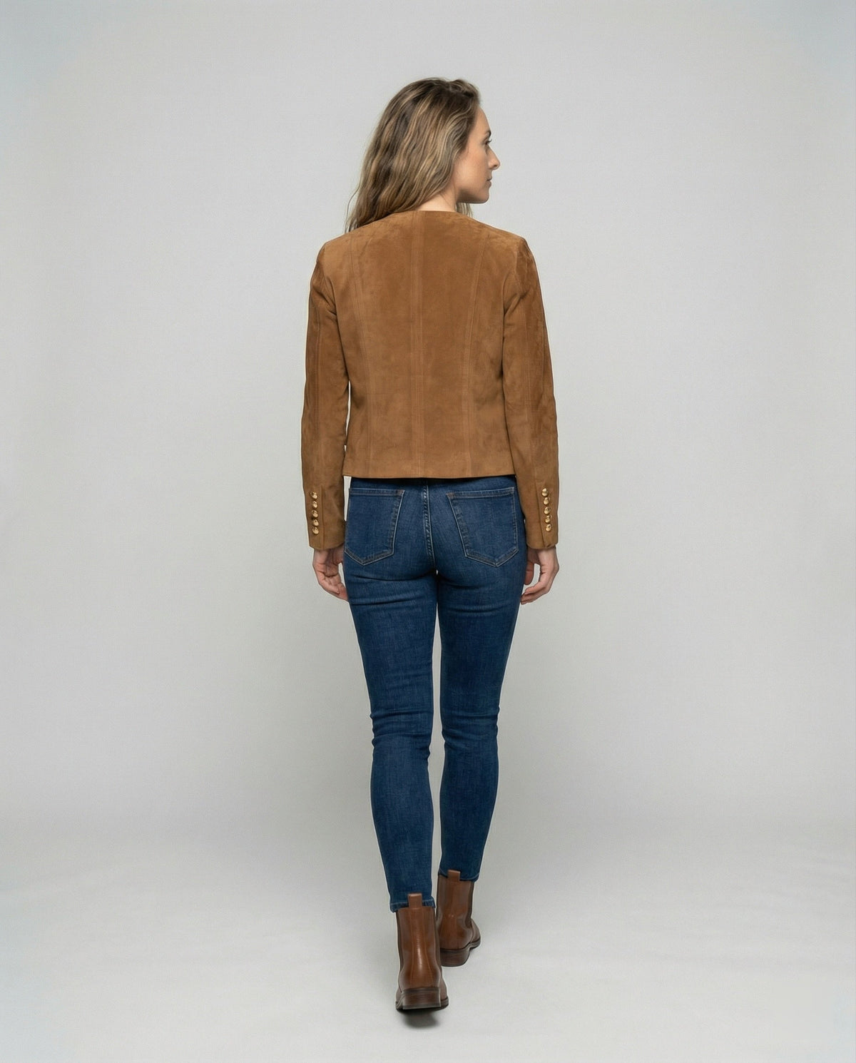 Women's Tan Suede Jacket UK – Gold Buttons Collarless | The Marchesa | Huna