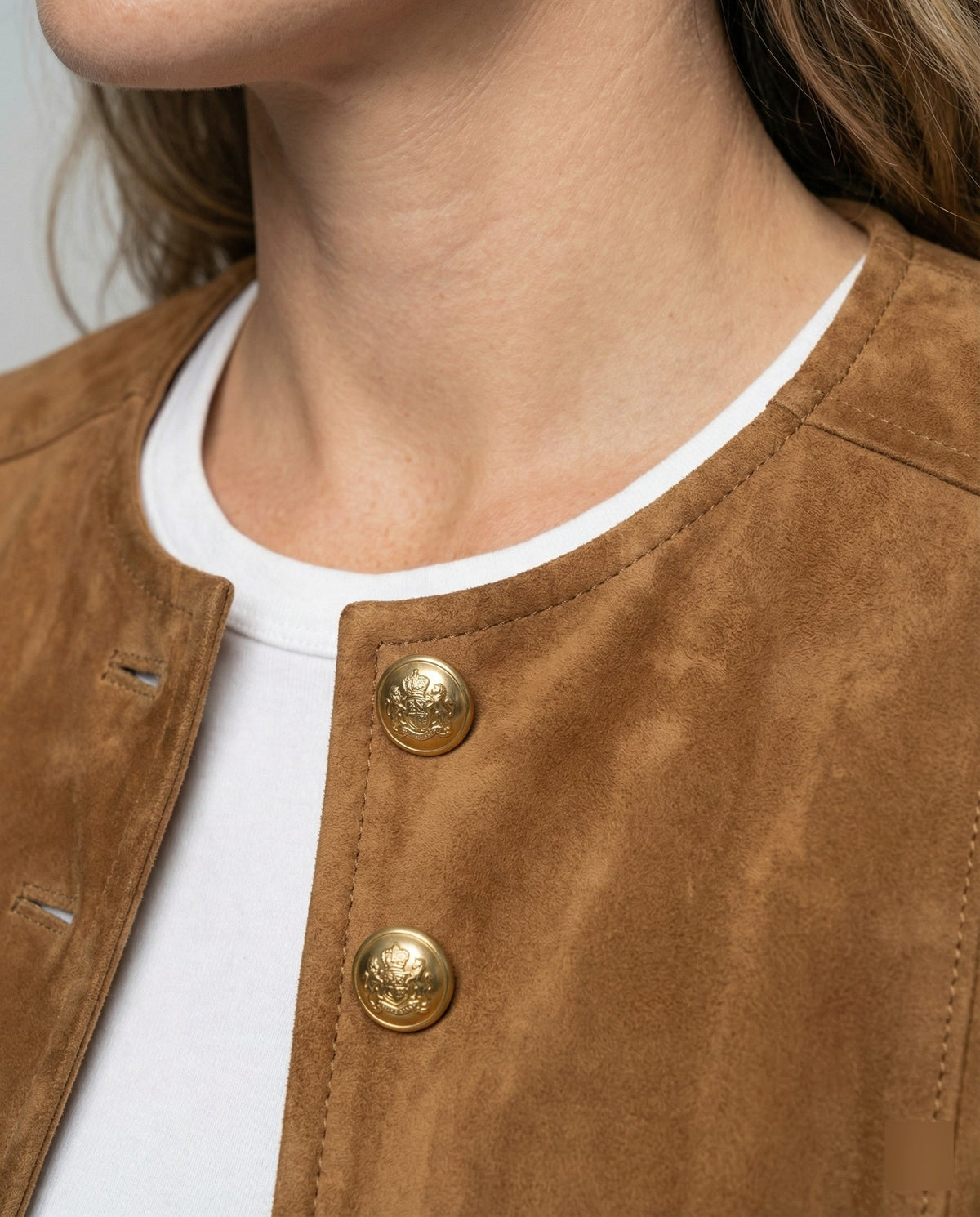 Women's Tan Suede Jacket UK – Gold Buttons Collarless | The Marchesa | Huna