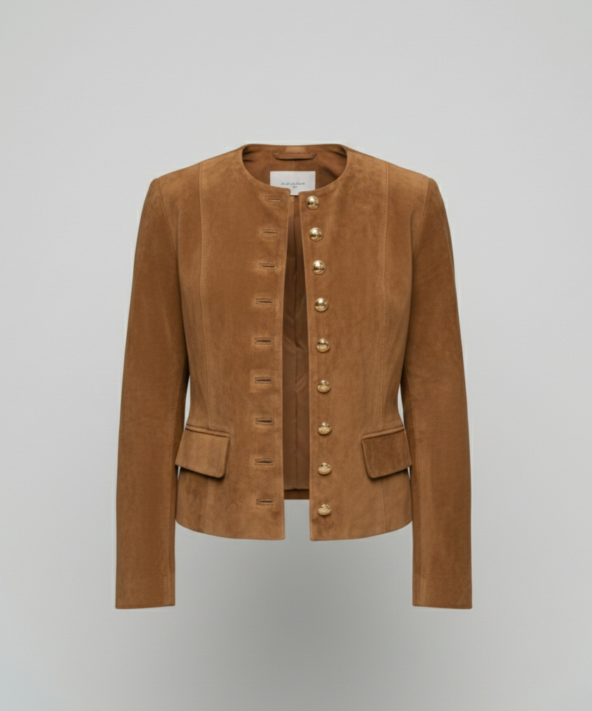 Women's Tan Suede Jacket UK – Gold Buttons Collarless | The Marchesa | Huna