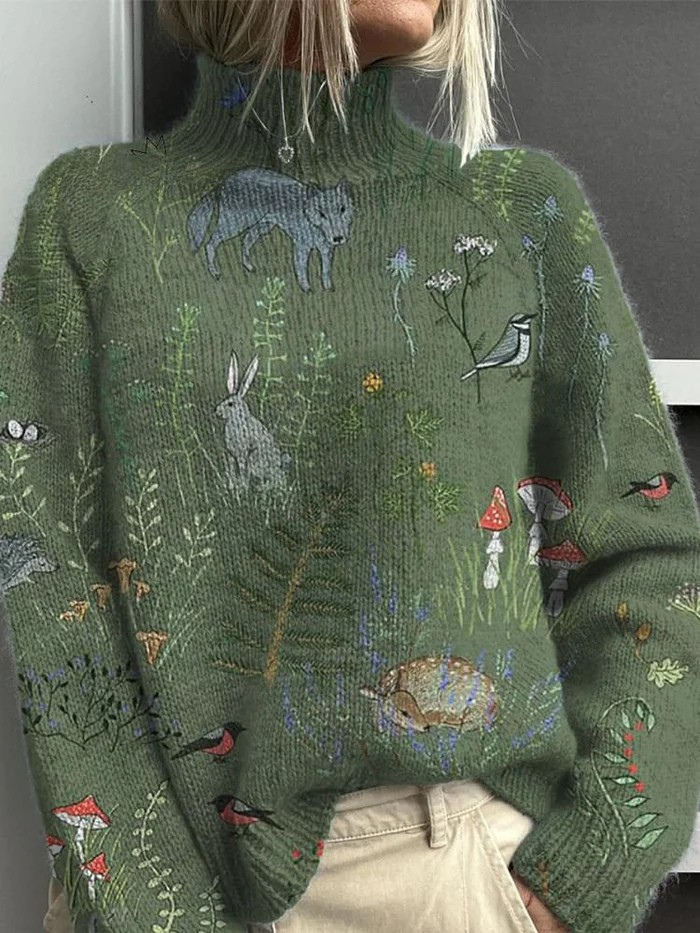 Women's Turtleneck Pullover Sweater UK – Woodland Animal Pattern | The Briony | Huna