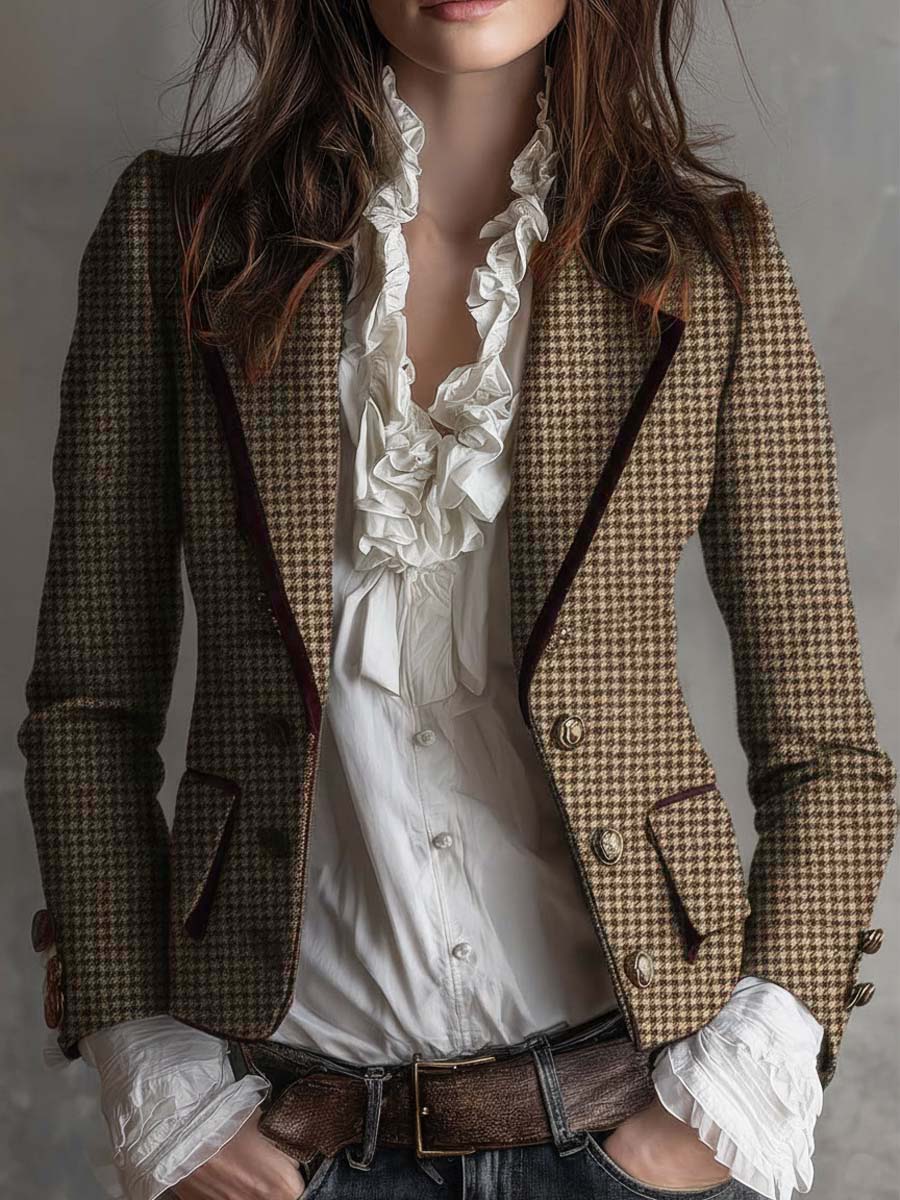 Women's Tweed Blazer UK – Houndstooth Velvet Trim | The Eloise | Huna