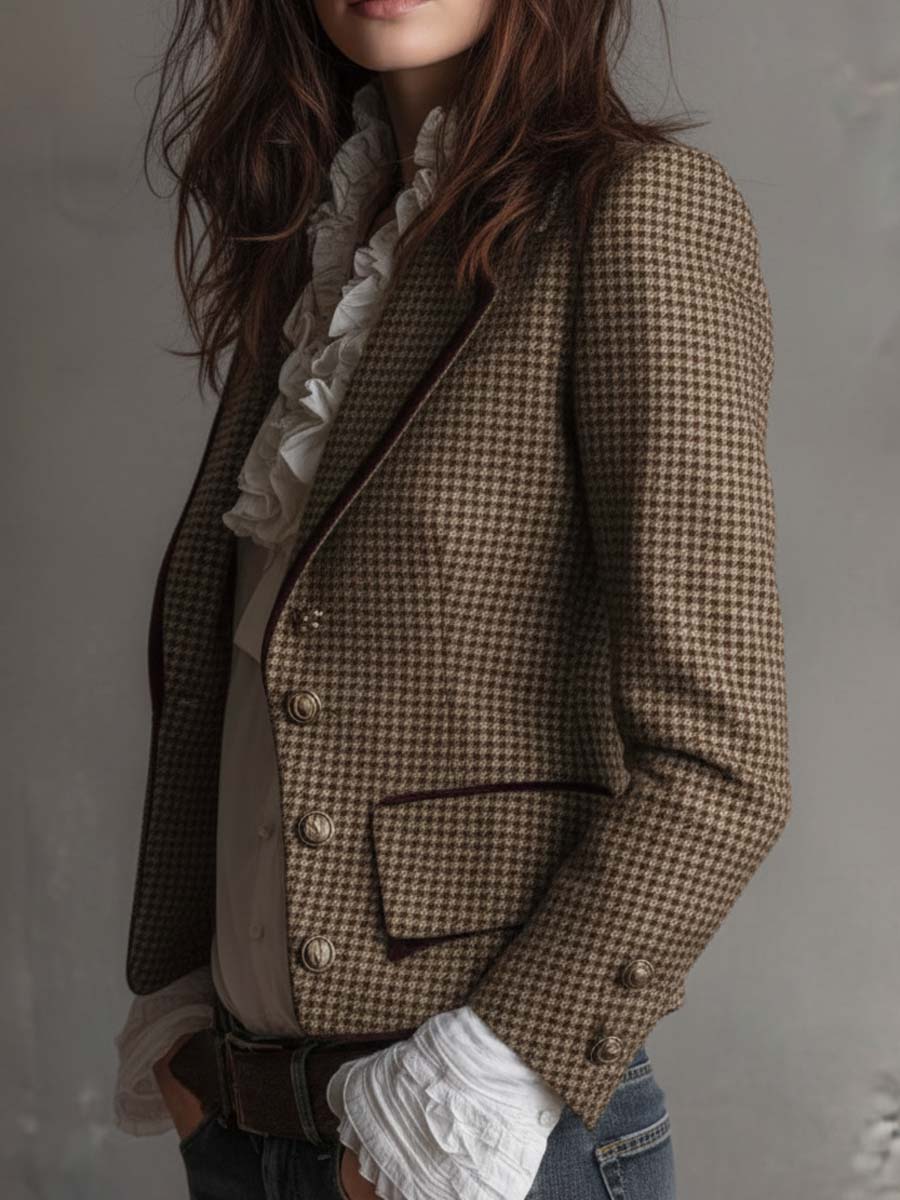 Women's Tweed Blazer UK – Houndstooth Velvet Trim | The Eloise | Huna