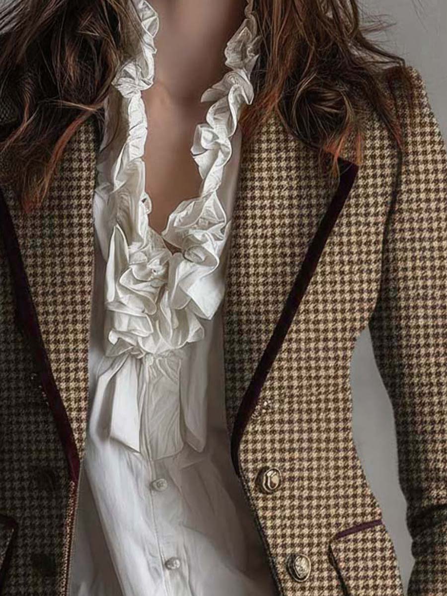 Women's Tweed Blazer UK – Houndstooth Velvet Trim | The Eloise | Huna