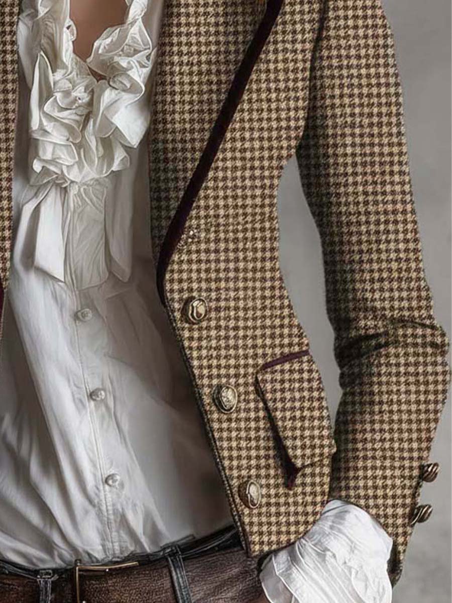 Women's Tweed Blazer UK – Houndstooth Velvet Trim | The Eloise | Huna
