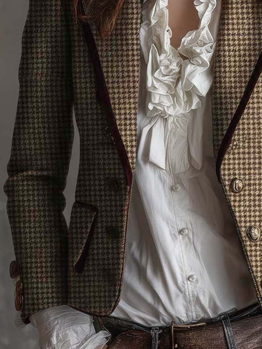 Women's Tweed Blazer UK – Houndstooth Velvet Trim | The Eloise | Huna