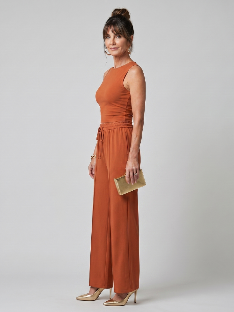 Women's Sleeveless High Neck Top & Wide Leg Pants Set – Co-ord | The Valencia | Huna