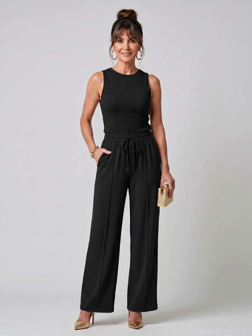 Women's Sleeveless High Neck Top & Wide Leg Pants Set – Co-ord | The Valencia | Huna