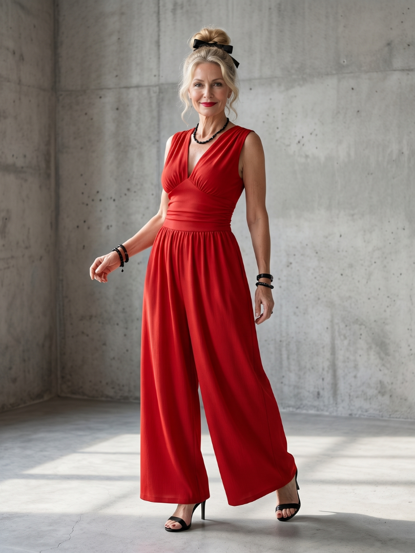 Women's Wide Leg Jumpsuit – Deep V Defined Waist | The Vincenza | Huna