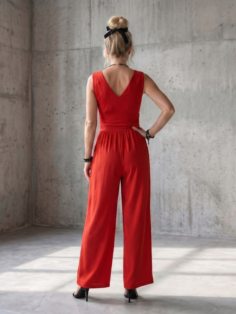 Women's Wide Leg Jumpsuit – Deep V Defined Waist | The Vincenza | Huna