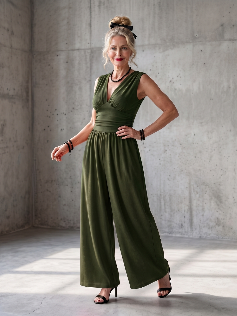 Women's Wide Leg Jumpsuit – Deep V Defined Waist | The Vincenza | Huna