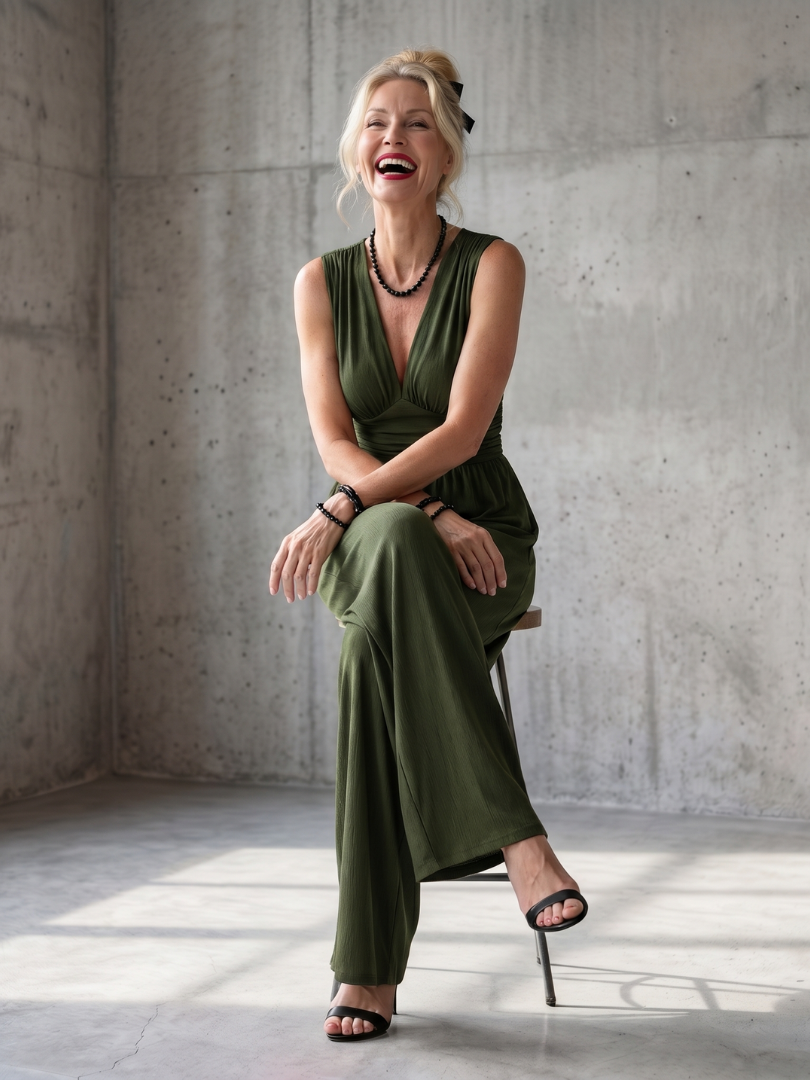 Women's Wide Leg Jumpsuit – Deep V Defined Waist | The Vincenza | Huna