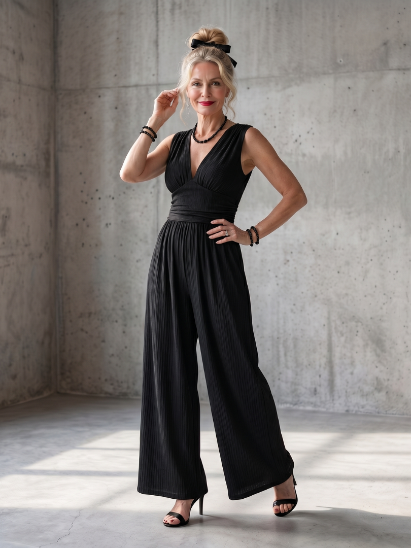 Women's Wide Leg Jumpsuit – Deep V Defined Waist | The Vincenza | Huna
