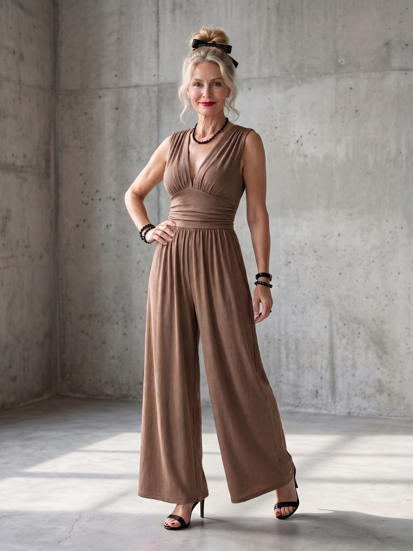 Women's Wide Leg Jumpsuit – Deep V Defined Waist | The Vincenza | Huna
