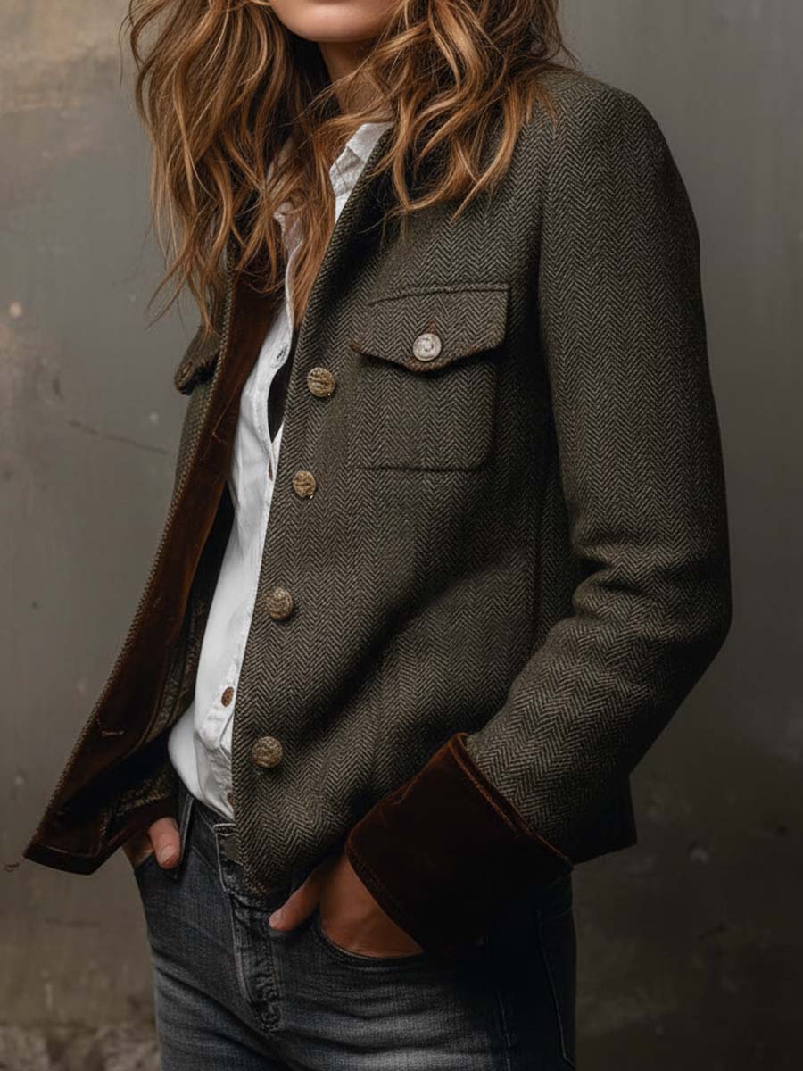 Women's Tweed Blazer UK – Olive Herringbone Velvet Trim | The Maeve | Huna