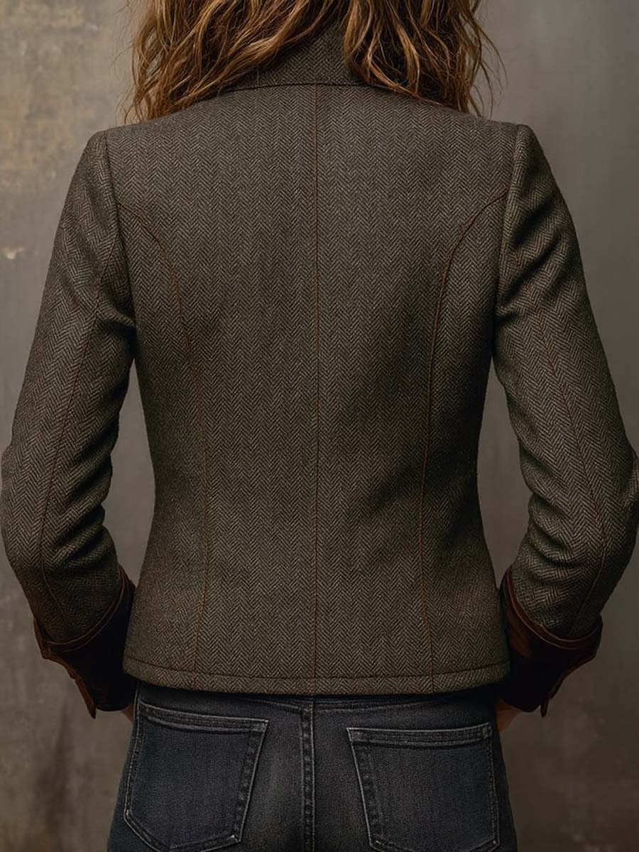 Women's Tweed Blazer UK – Olive Herringbone Velvet Trim | The Maeve | Huna