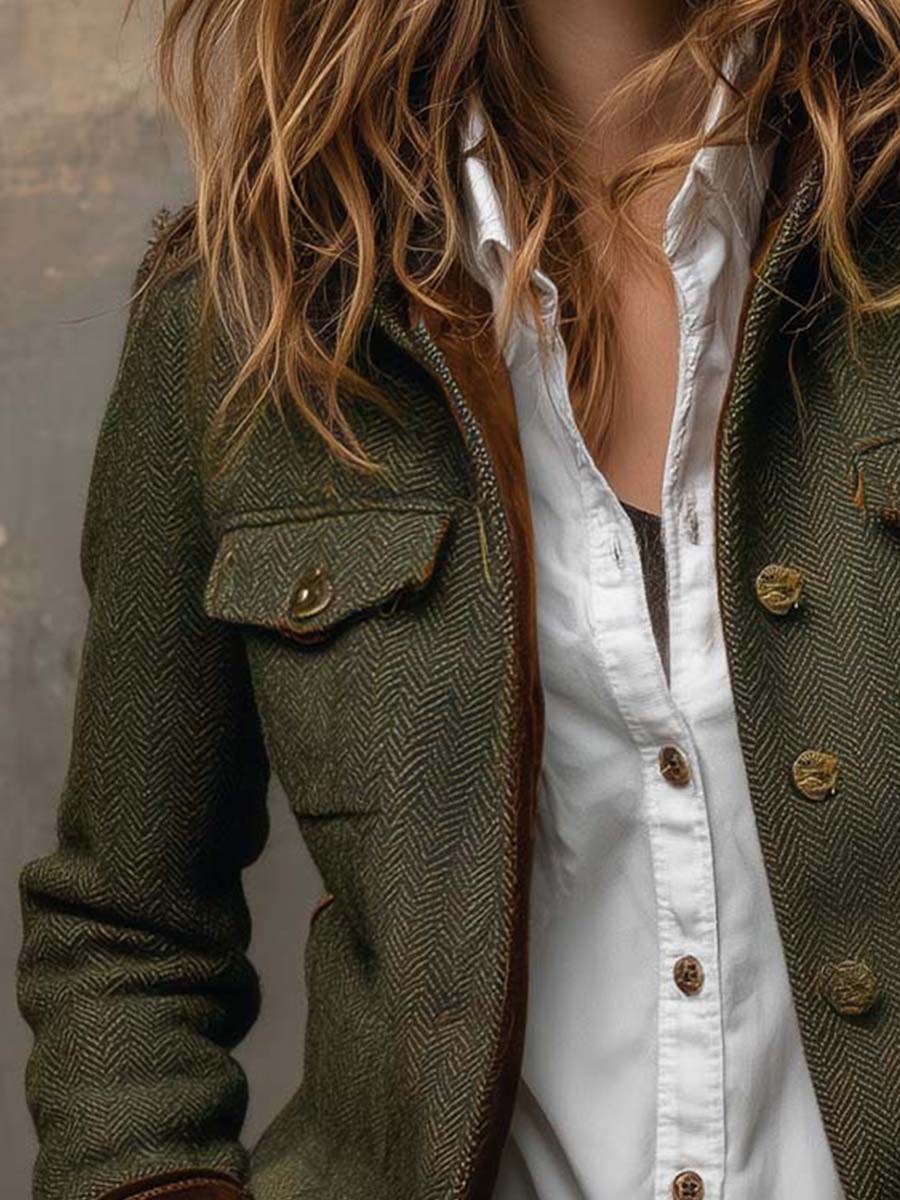 Women's Tweed Blazer UK – Olive Herringbone Velvet Trim | The Maeve | Huna