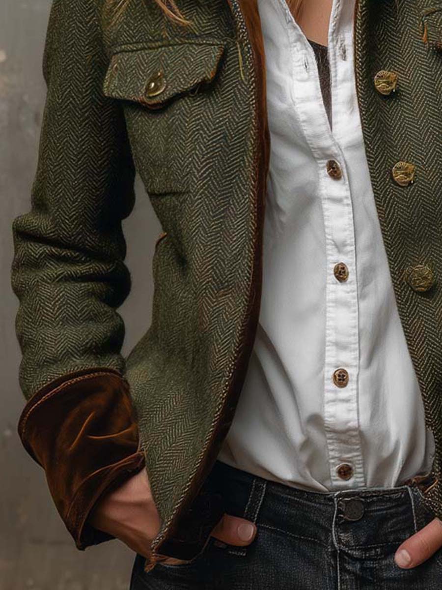 Women's Tweed Blazer UK – Olive Herringbone Velvet Trim | The Maeve | Huna