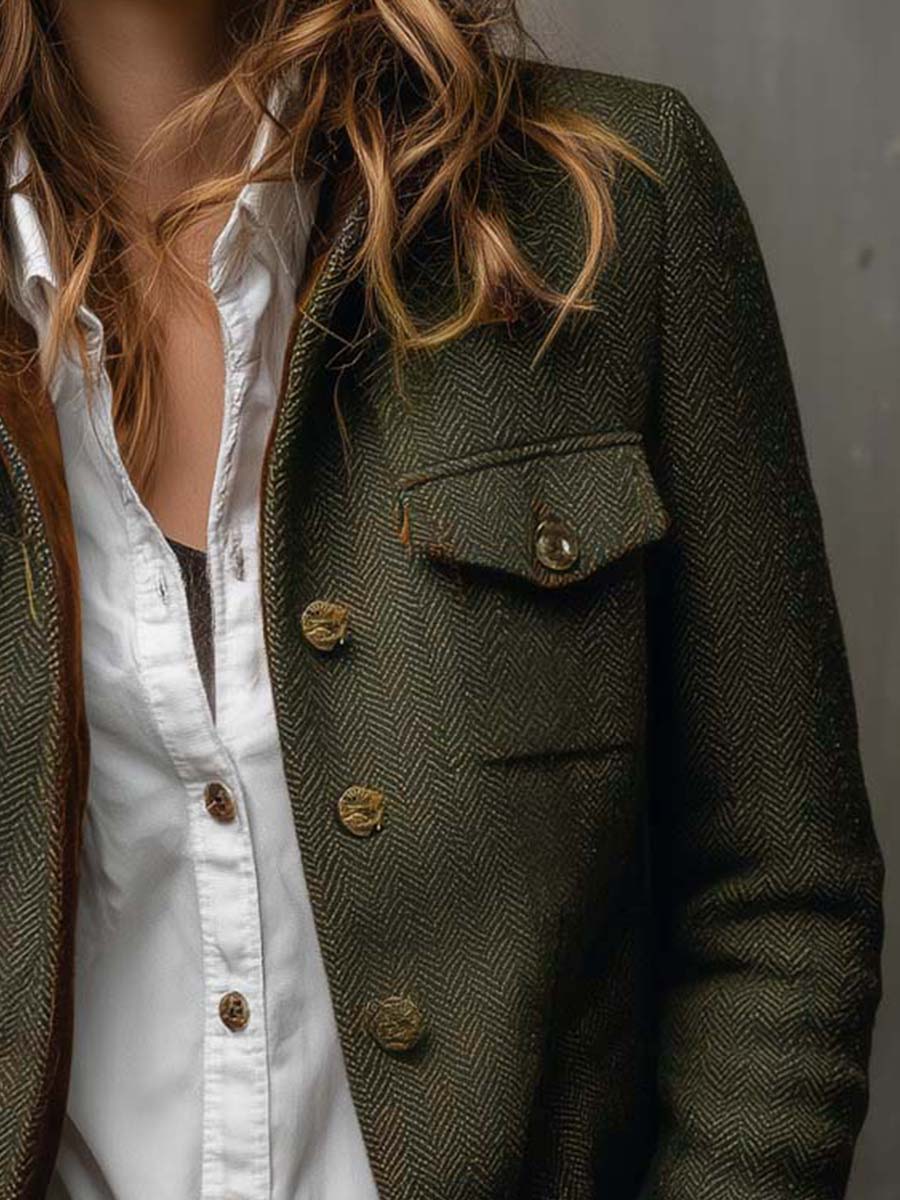 Women's Tweed Blazer UK – Olive Herringbone Velvet Trim | The Maeve | Huna