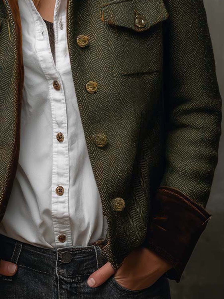 Women's Tweed Blazer UK – Olive Herringbone Velvet Trim | The Maeve | Huna