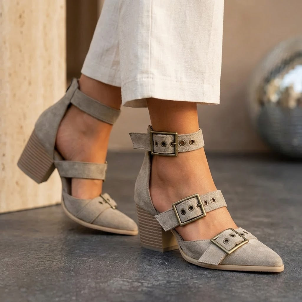 Women's Suede Buckle Heels – Triple Strap | The Cressida | Huna