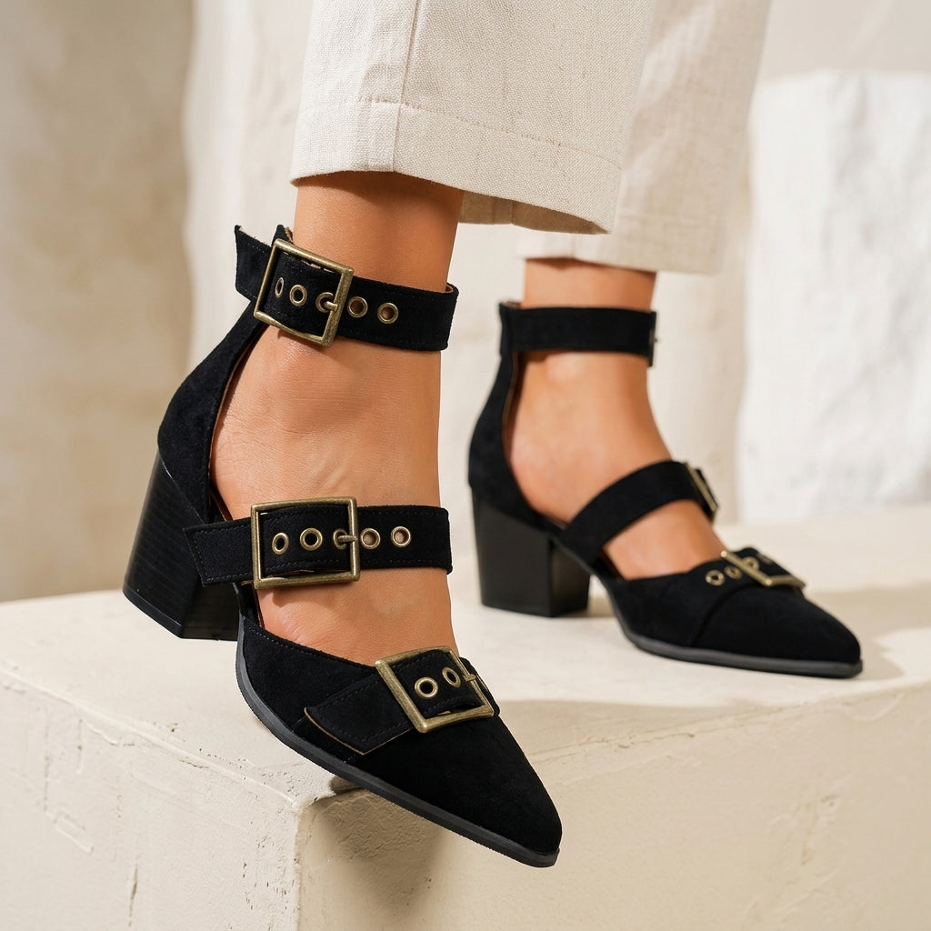 Women's Suede Buckle Heels – Triple Strap | The Cressida | Huna