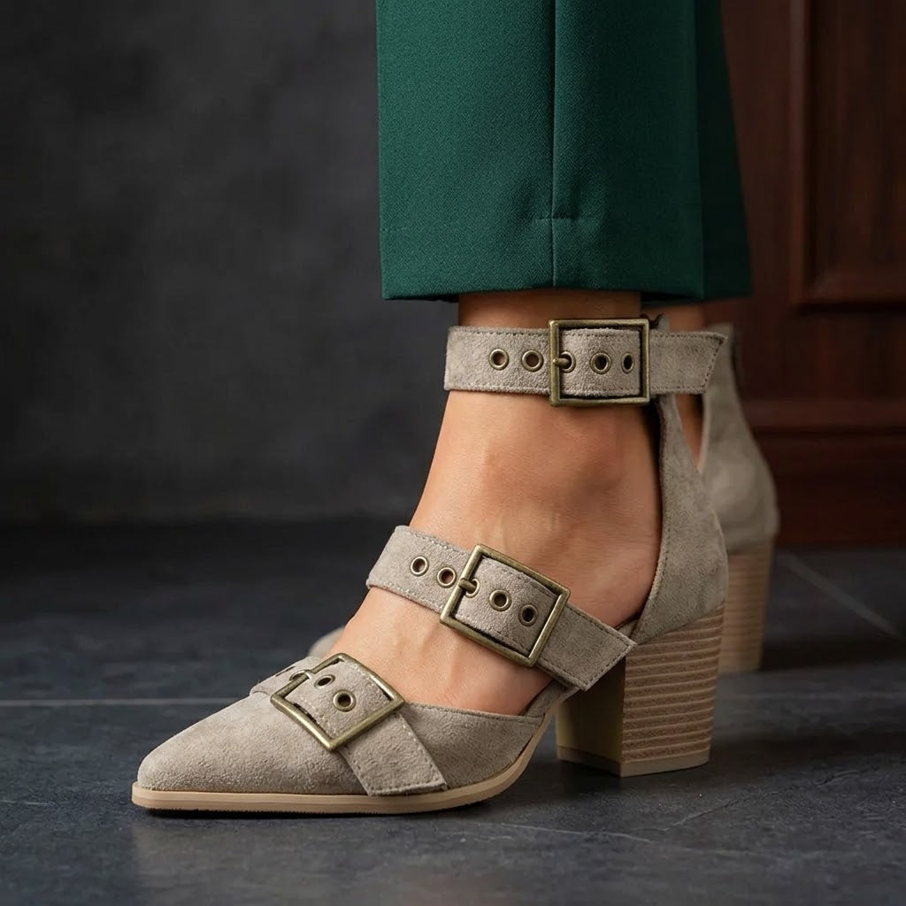 Women's Suede Buckle Heels – Triple Strap | The Cressida | Huna