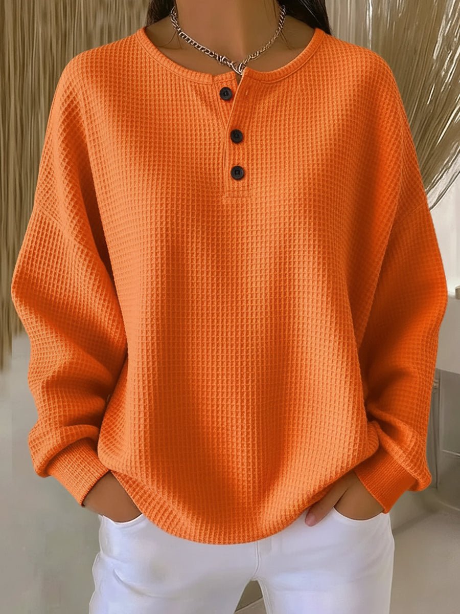 Women's Waffle Knit Sweatshirt UK – Henley Neckline Drop Shoulders | The Maren | Huna