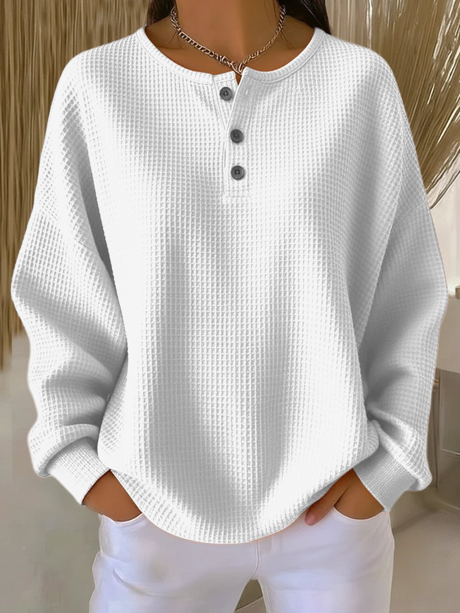 Women's Waffle Knit Sweatshirt UK – Henley Neckline Drop Shoulders | The Maren | Huna